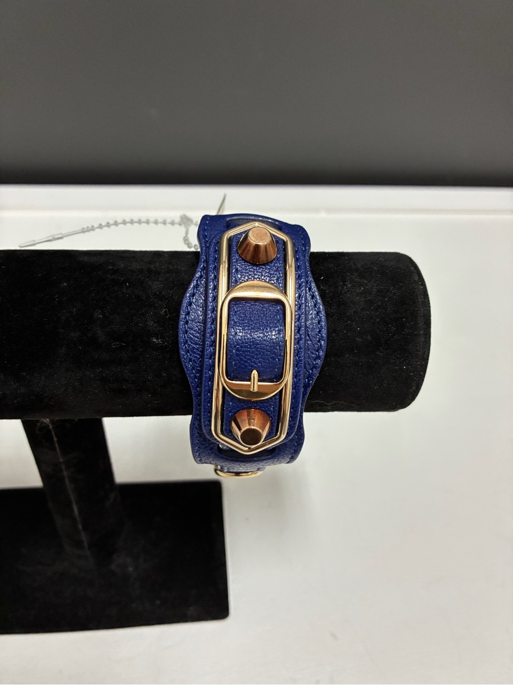 Balenciaga Blue Leather Studded Mito Cuff Bracelet with Gold Hardware